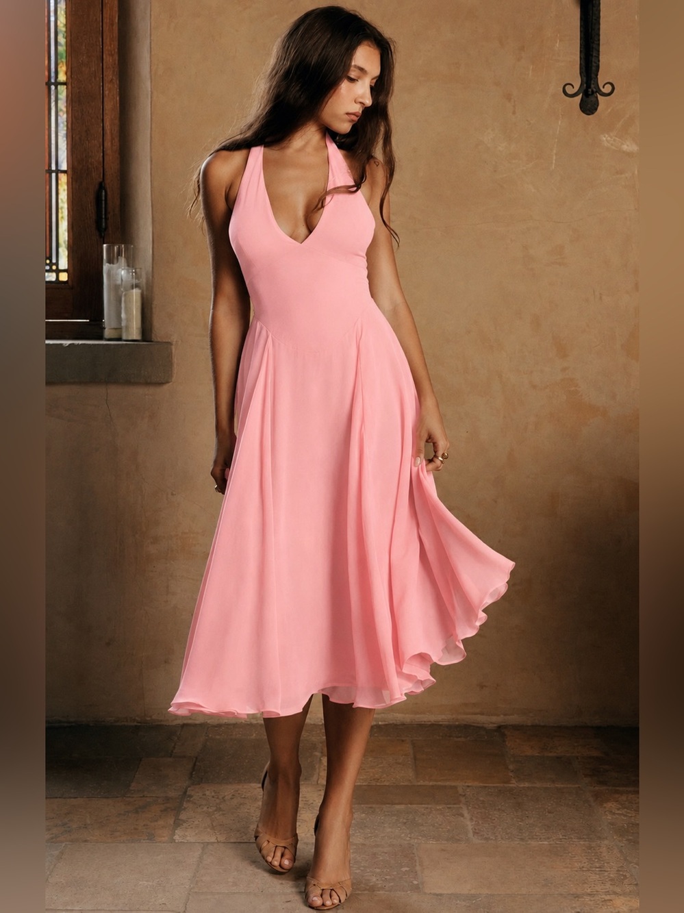 House of CB Solada peach georgette halter sundress